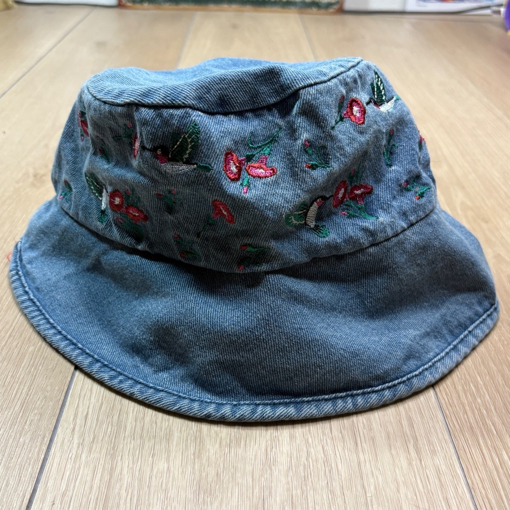 Embroidered Denim Bucket Hat Hummingbird Floral Blue Sun Hat Retro One Size
